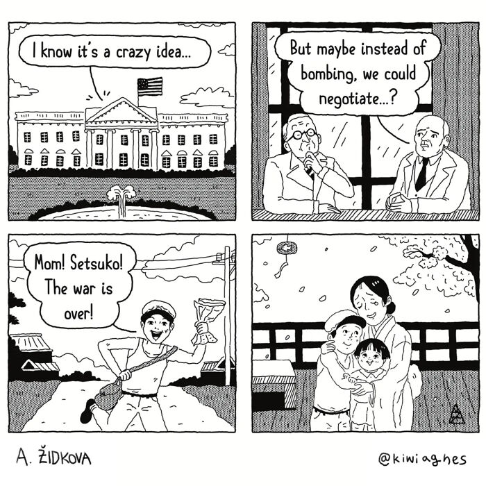 A funny comic strip showing the White House, a negotiation, a boy announcing war is over, and a mother hugging her children.