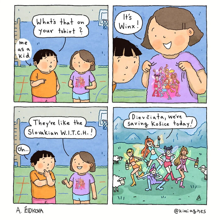Funny comics show kids discussing a Winx Club t-shirt, relating it to WITCH, then a fantastical scene.