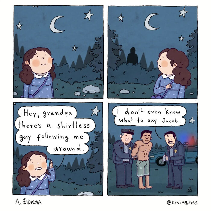 Funny comics show a girl seeing a shirtless guy following her, then police arresting her grandpa.