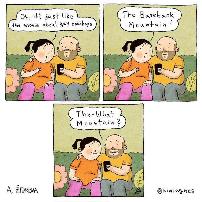 Funny comics show a couple discussing a movie, with a humorous misunderstanding about the title.