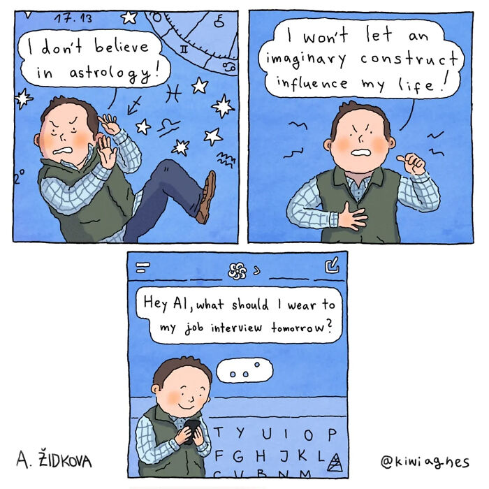 Funny comics show a man denying astrology, then asking AI for job interview outfit advice.