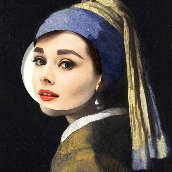 Digital artist blends Audrey Hepburn with Girl with a Pearl Earring, a clever classical art movie mashup.