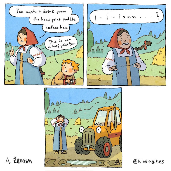 Funny comics show a girl warning a boy not to drink from a puddle, then realizing it's a tractor's print.