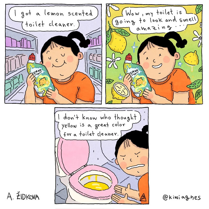 A funny comic strip about a woman buying lemon-scented toilet cleaner and her humorous reaction to the yellow color.