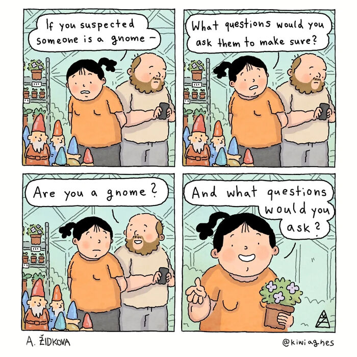 A funny comic strip where a woman humorously questions a man about gnomes in a garden center.