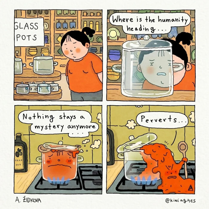 A funny comic strip depicting everyday objects with human emotions, like a glass pot and a cooking pot.