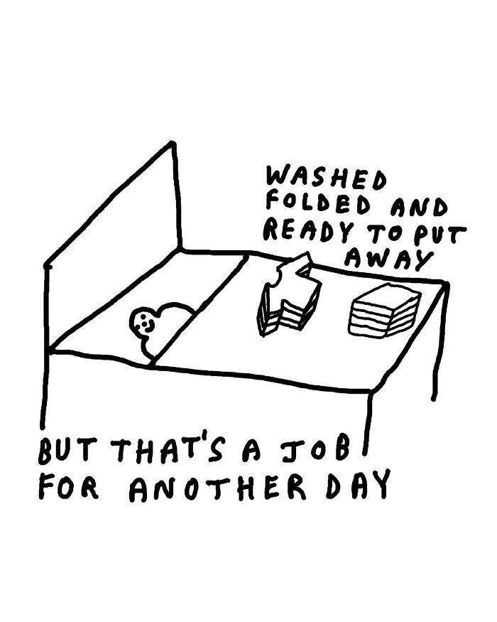 Illustration full of wordplay depicting a person in bed next to a pile of clean laundry.