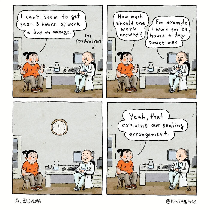 A funny comic strip featuring a woman discussing her work-life balance with her psychiatrist.