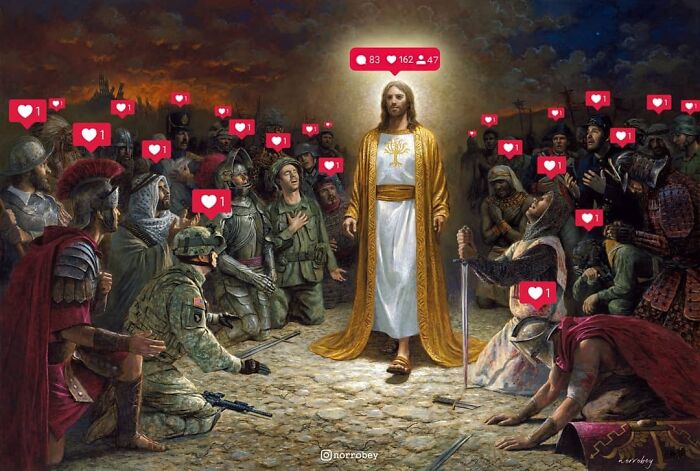 Digital artist blends famous movies with classical art, depicting Jesus Christ surrounded by historical and modern figures with social media like notifications, a clever mashup.
