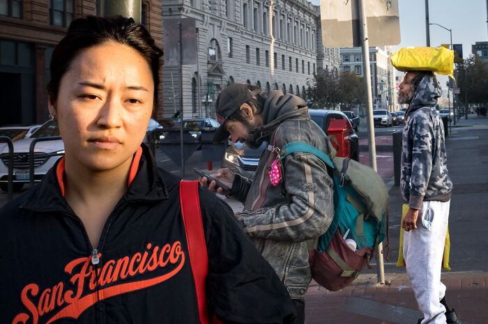 A photographer captures humor and chaos: a woman in a San Francisco jacket looks at the camera while others pass by.