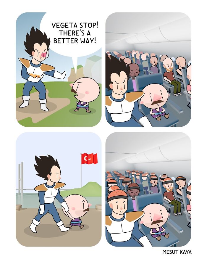 A silly comic by Mesut Kaya where Vegeta helps a man find a better way to board an airplane.