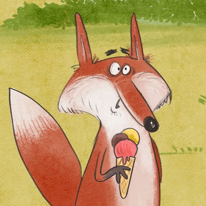 Lovable illustrated character of a fox enjoying a triple-scoop ice cream cone, animals transformed.