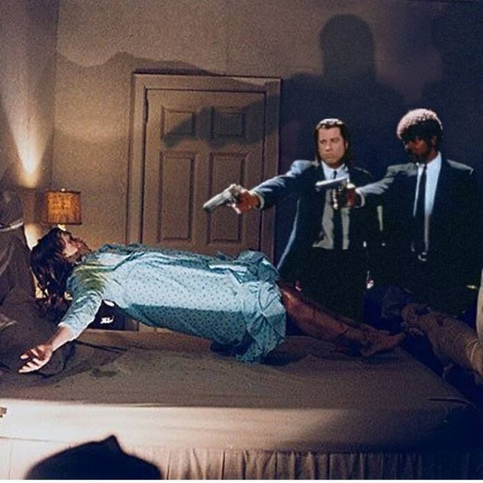 Digital artist blends famous movies with classical art featuring a scene from Pulp Fiction with a floating body.