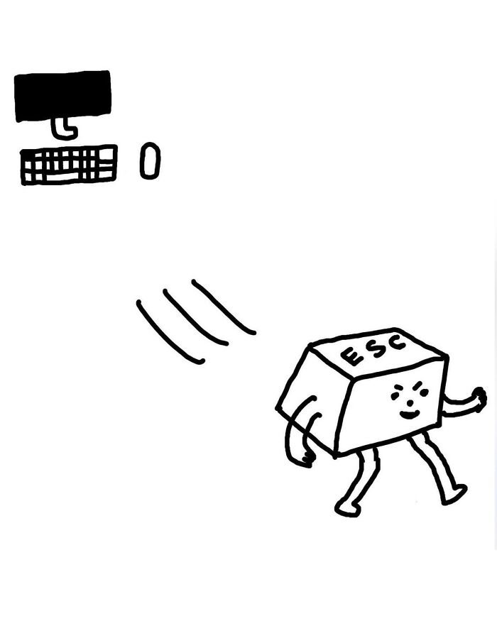Silly wordplay illustration showing an ESC key with legs running away from a computer.
