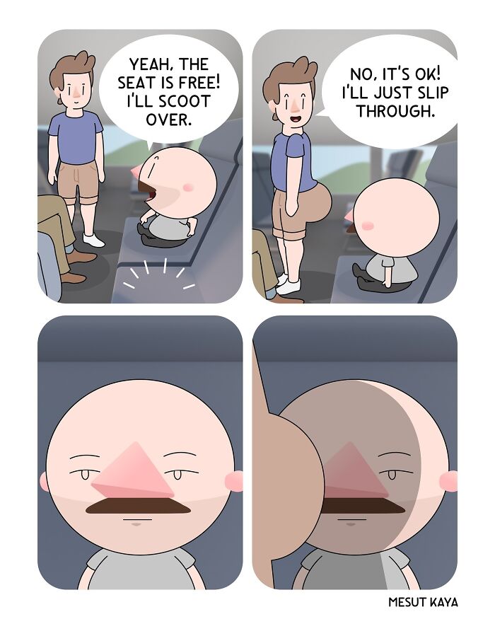 A silly comic by Mesut Kaya depicting a man trying to squeeze past another passenger on a bus.