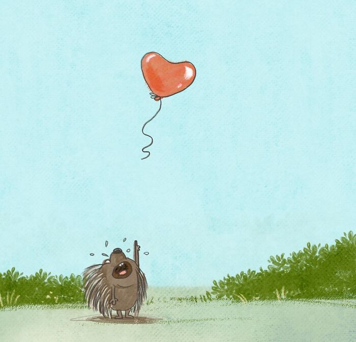 Illustrated character, a sad hedgehog watches a heart-shaped balloon float away against a blue sky, lovable animals.