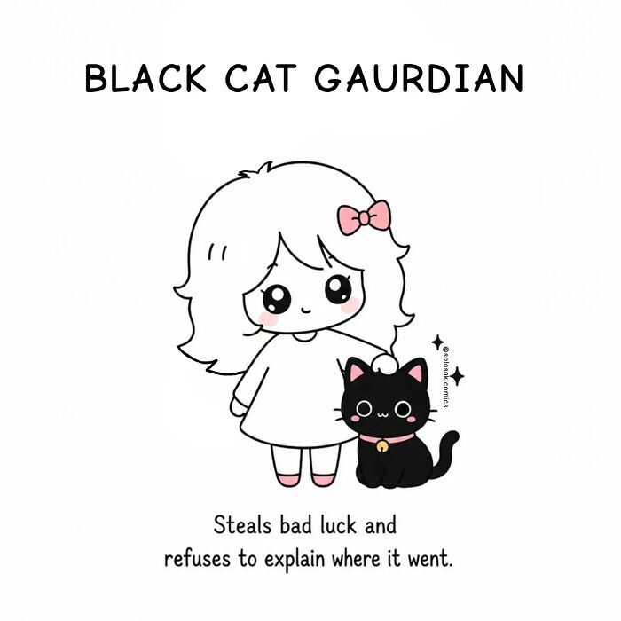 A clever comic featuring a girl with her black cat guardian, stealing bad luck.