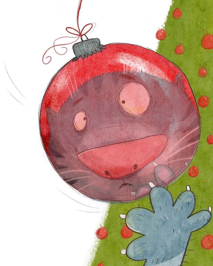 A lovable illustrated character of a cat's face pressed against a red Christmas ornament on a tree.