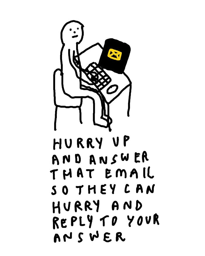 Light-hearted illustration of a person at a computer with wordplay about email replies.