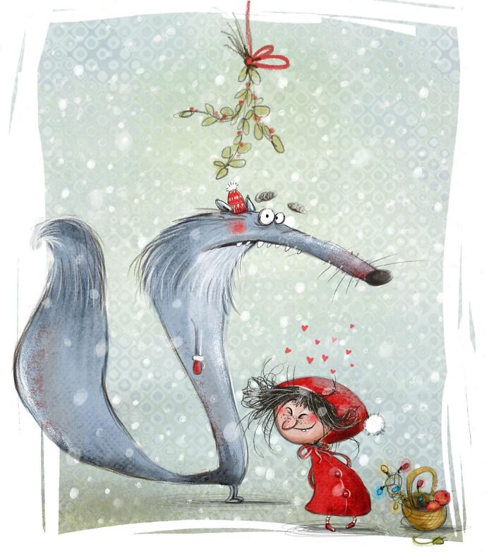 A lovable illustrated character of a wolf and a girl standing under mistletoe in a snowy scene.