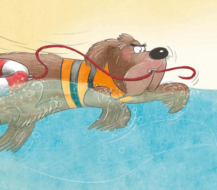 A lovable illustrated character of a dog in a life vest struggling to swim.