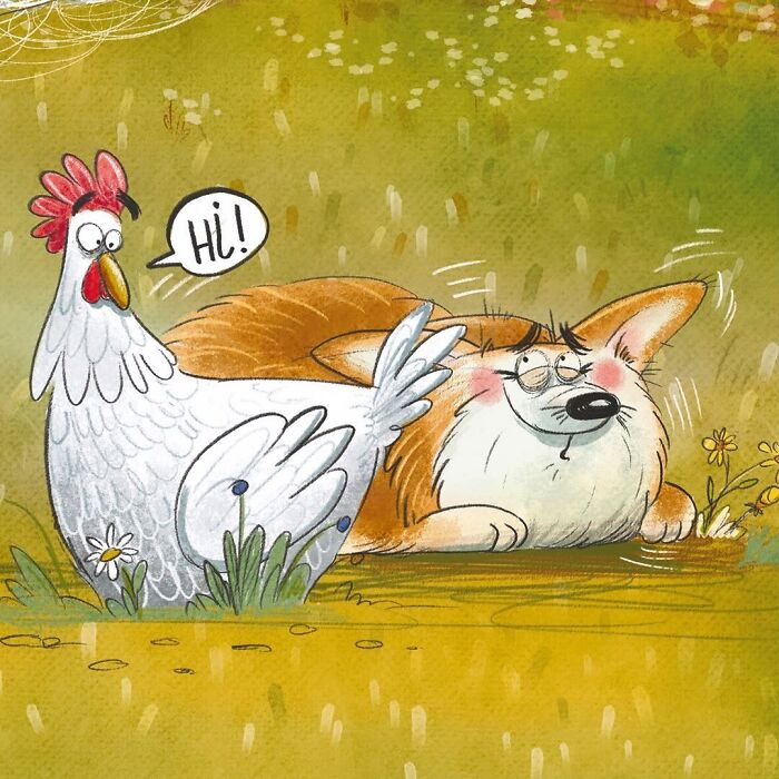 A lovable illustrated character of a chicken greeting a lazy dog lying in the grass.