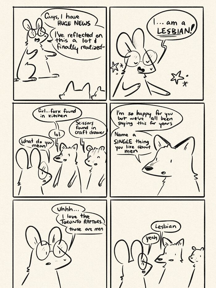 Funny comics illustrating a character coming out as lesbian, with friends humorously pointing out obvious signs.