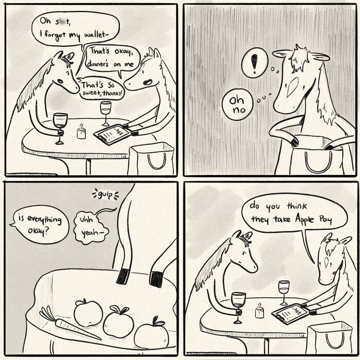 Funny comics depicting a horse at dinner who forgot their wallet, trying to discreetly find alternatives like Apple Pay.