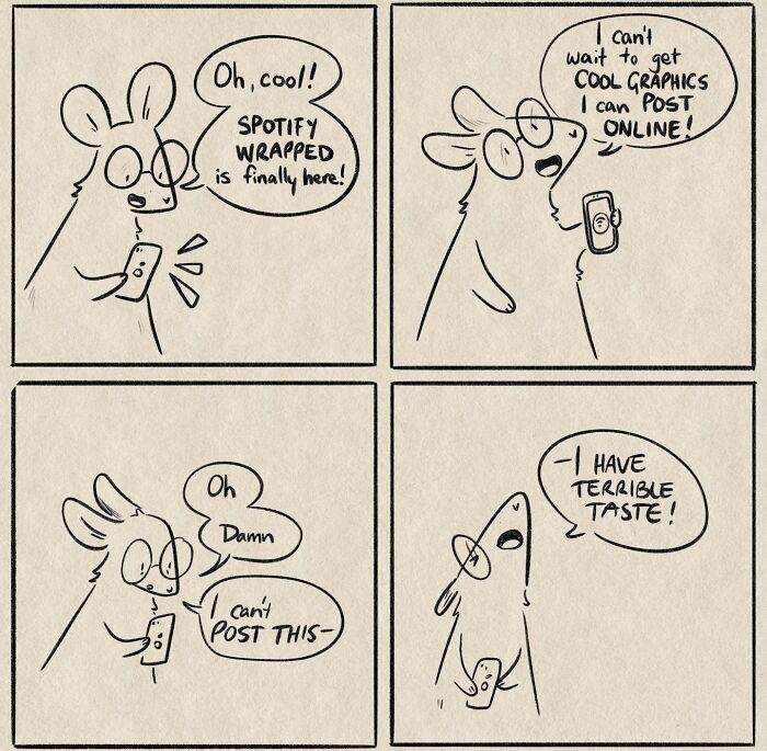 Funny comics about a character reacting to their Spotify Wrapped graphics, discovering they have terrible taste.
