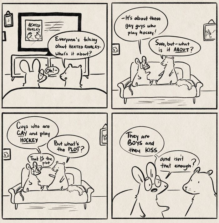 Funny and honest comic about life's little moments: Two characters discuss the plot of a show called Heated Rivalry.