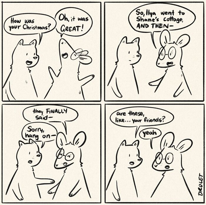 Funny and honest comic about life's little moments: A rabbit tells a long story about Christmas, to a bewildered friend.