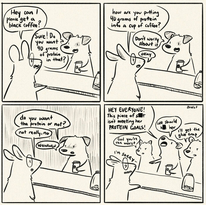 Funny and honest comic about life's little moments: A rabbit asks for black coffee, then learns about protein.