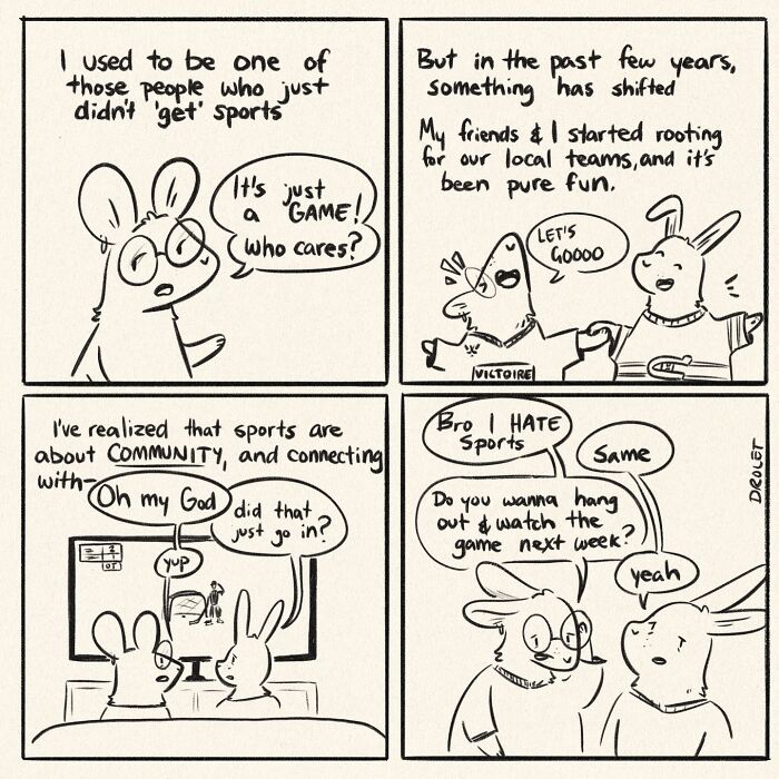 Funny and honest comics: An animal realizes sports are about community, despite previously disliking them.