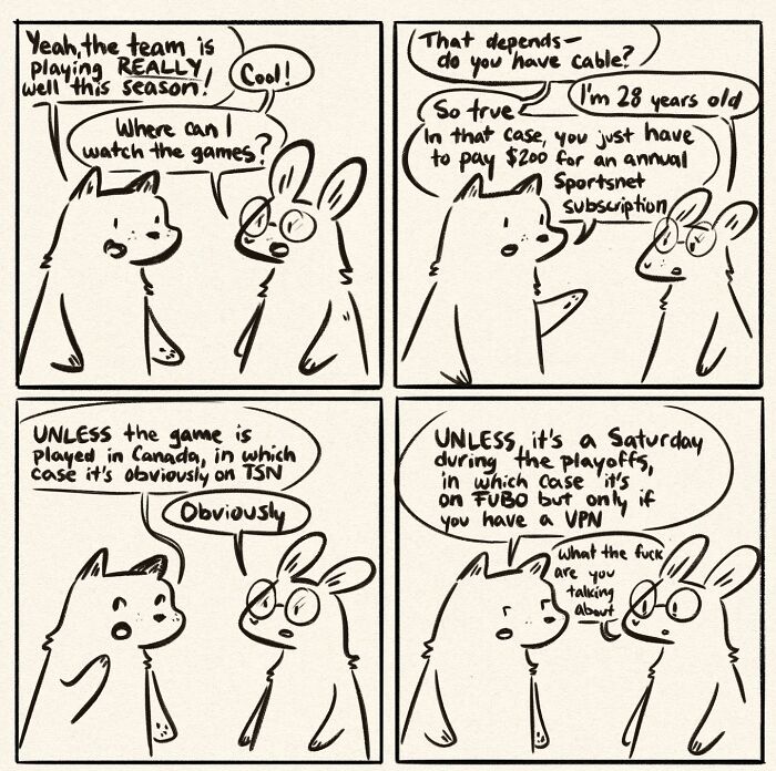 Funny and honest comics: Two animals discuss the confusing rules of watching sports games and subscriptions.