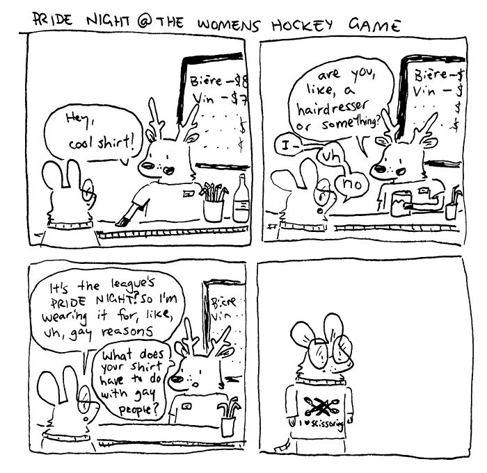 Funny comic about life: A deer wearing a PRIDE NIGHT shirt with scissors, implying a lesbian relationship.