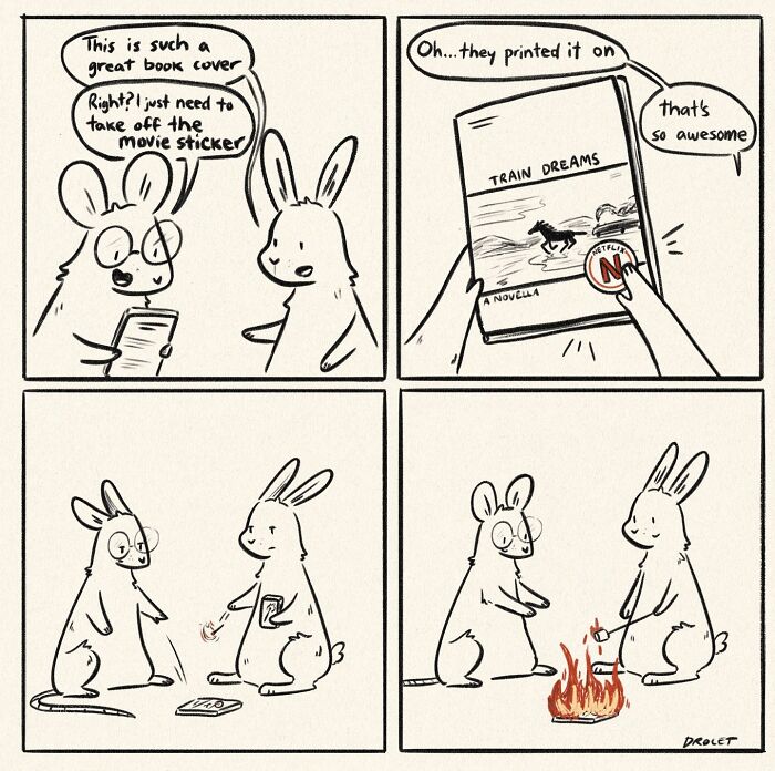 Funny comic about life: Rabbit discovers a movie sticker is printed on a book cover, attempting to remove it by burning it.