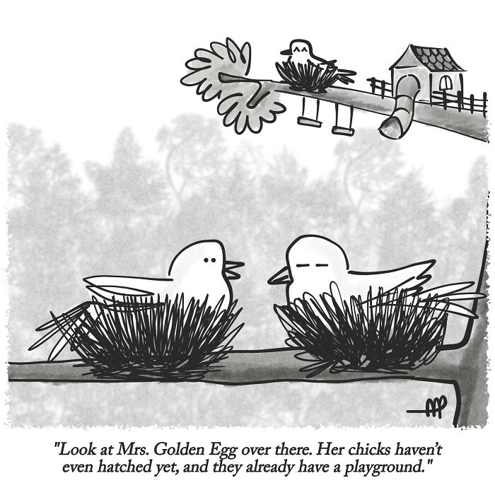 A witty single-panel comic depicts two birds in nests on a branch, observing a birdhouse with a playground.