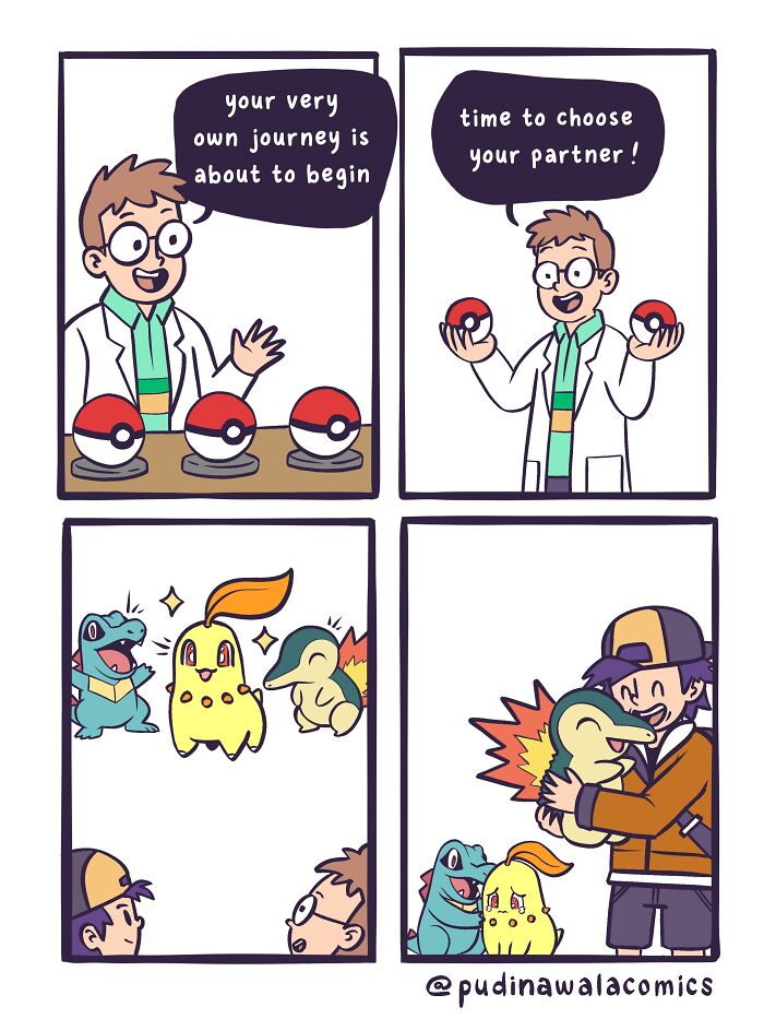 A comic strip about a boy choosing a starter Pokémon from a professor, and happily hugging his new Cyndaquil.