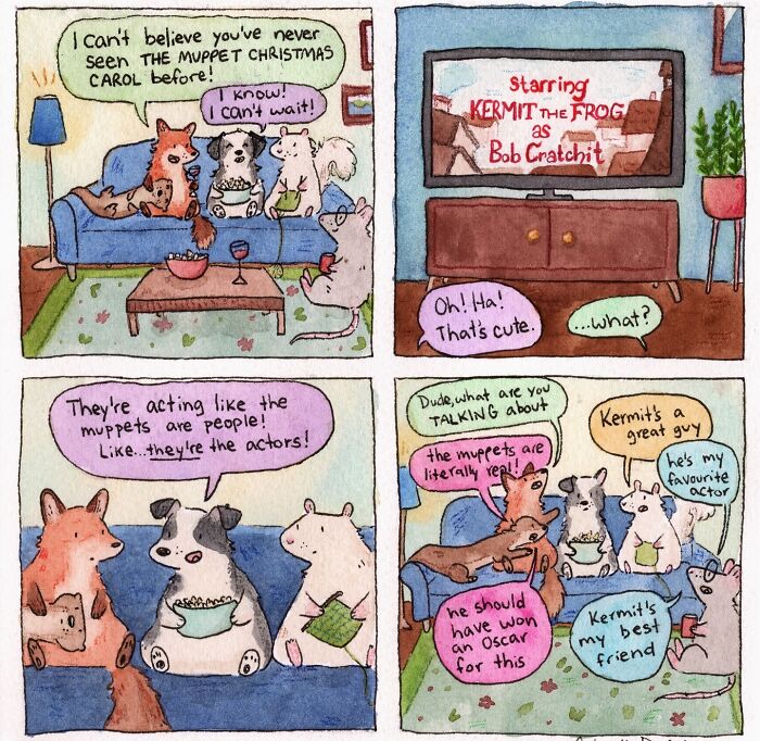 Funny comic about life: Animals watching The Muppet Christmas Carol, debating if Muppets are real people or actors.