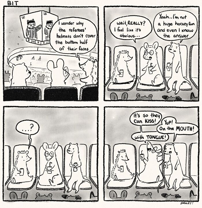 Funny comic about life: Animals at a hockey game wondering why referees helmets don't cover their mouths for kissing.