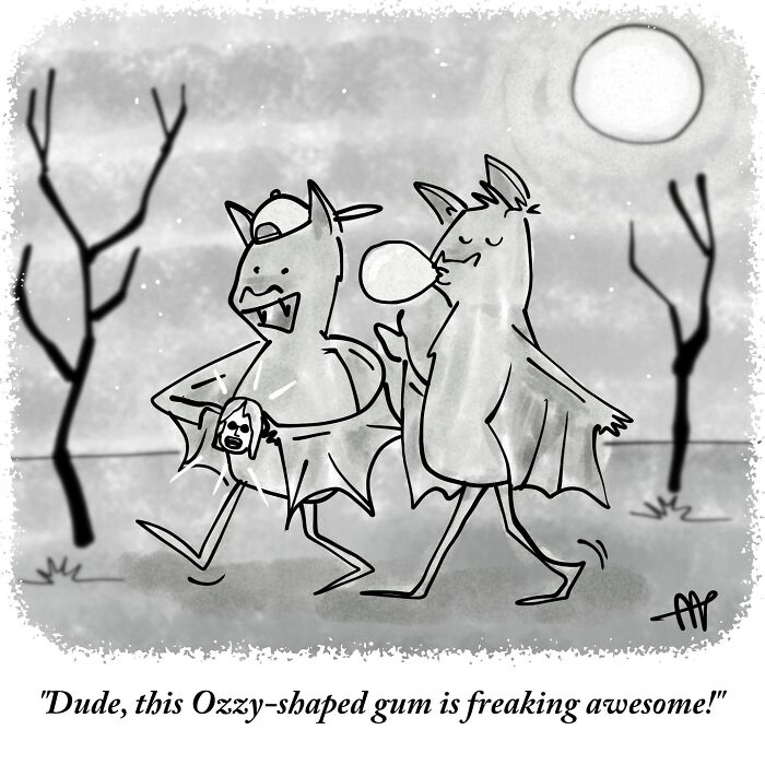 A witty single-panel comic shows two bats under a full moon, with one blowing an Ozzy-shaped bubble gum.
