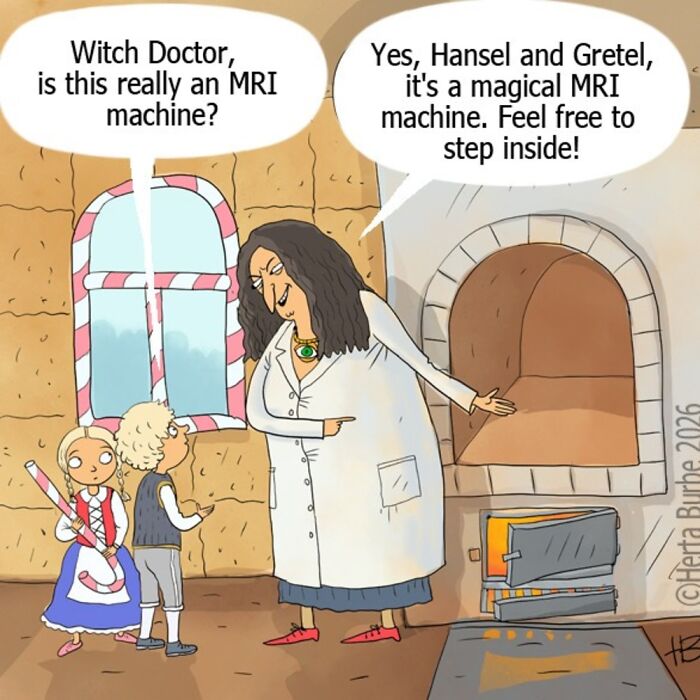 A comic illustration by Herta Burbė depicting Hansel and Gretel asking a witch doctor about an MRI machine, which is an oven.