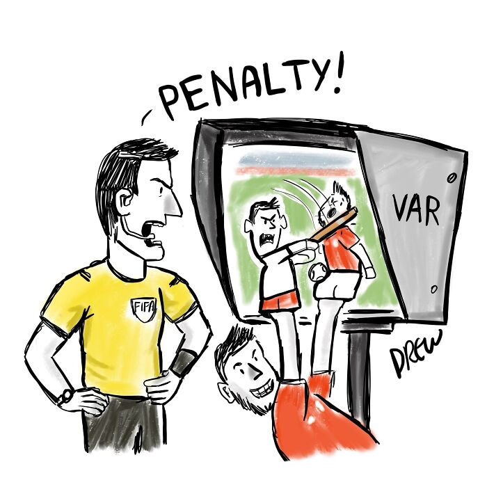 A referee shouting 'PENALTY!' while watching a VAR screen showing a player hitting another with a bat, in a single-panel comic.
