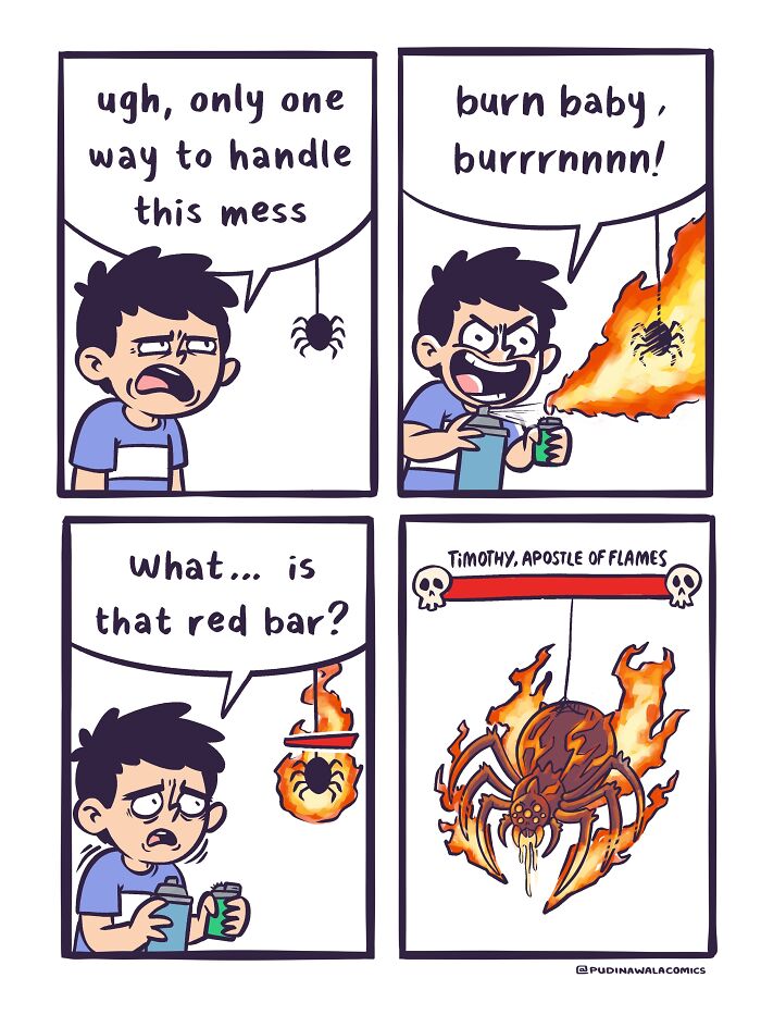 A comic strip where a man tries to burn a spider with a lighter, but the spider transforms into a boss level monster.