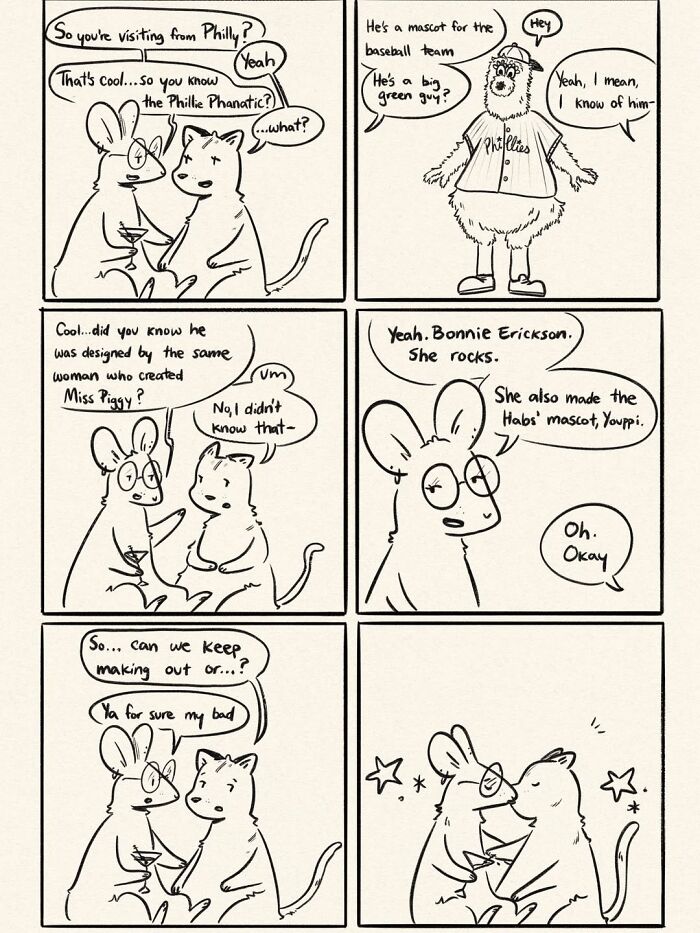 Funny and honest comics about life: Two mice discuss the Phillie Phanatic and his designer, Bonnie Erickson.