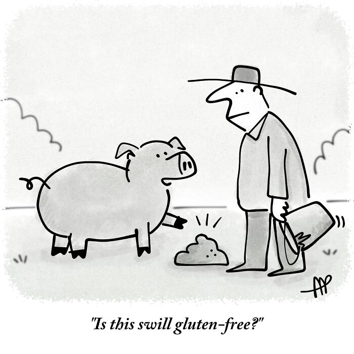 A witty single-panel comic features a farmer and a pig looking at pig excrement, with the pig asking about gluten-free swill.