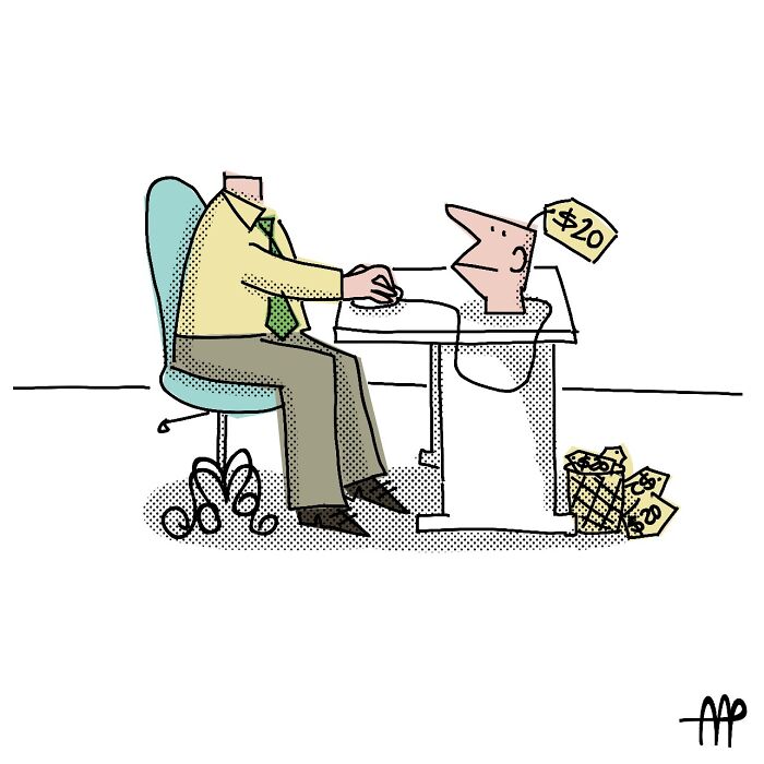 A witty single-panel comic illustrates a headless man at a desk, with his head as a separate, priced item.