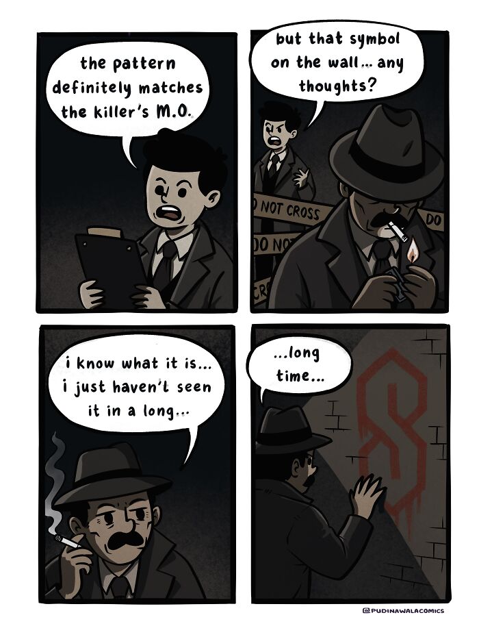 A comic strip featuring two detectives investigating a crime scene with a familiar S symbol on the wall.