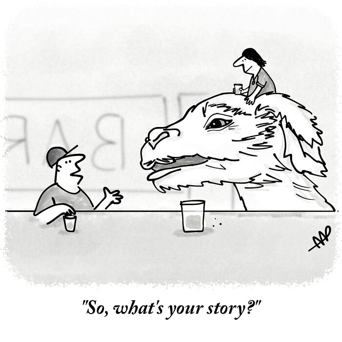 A witty single-panel comic depicts a man talking to a dragon with a small person on its head at a bar.