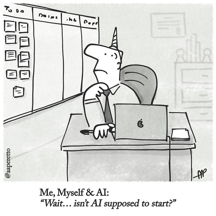 A witty single-panel comic shows a unicorn man at a desk, looking confused, next to a whiteboard.